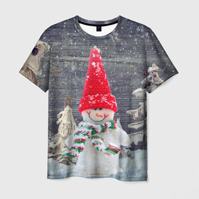 Мужская футболка 3D с принтом Снеговик, Новогодняя в Екатеринбурге, 100% полиэфир | прямой крой, круглый вырез горловины, длина до линии бедер | ёлки | красный | новый год | снег | снеговик
