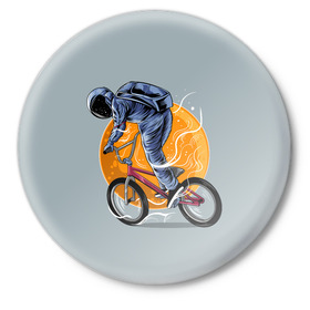 Значок с принтом Космический велосипедист (Z) в Екатеринбурге,  металл | круглая форма, металлическая застежка в виде булавки | bicycle | bicyclist | bike | biker | bmx | cycle | galaxy | moon | rider | space | stars | байкер | бмх | вело | велогонщик | велосепедист | велосипед | велоспорт | гонщик | космос | луна