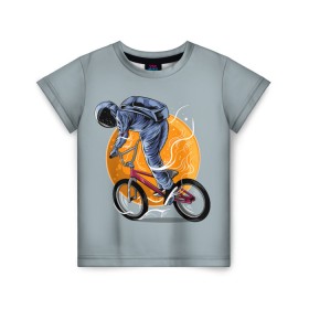 Детская футболка 3D с принтом Космический велосипедист (Z) в Екатеринбурге, 100% гипоаллергенный полиэфир | прямой крой, круглый вырез горловины, длина до линии бедер, чуть спущенное плечо, ткань немного тянется | bicycle | bicyclist | bike | biker | bmx | cycle | galaxy | moon | rider | space | stars | байкер | бмх | вело | велогонщик | велосепедист | велосипед | велоспорт | гонщик | космос | луна