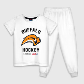 Детская пижама хлопок с принтом BUFFALO SABRES NHL в Екатеринбурге, 100% хлопок |  брюки и футболка прямого кроя, без карманов, на брюках мягкая резинка на поясе и по низу штанин
 | Тематика изображения на принте: buffalo | game | hockey | nhl | sabres | usa | баффоло | зубры | игра | нхл | спорт | сша | шайбу