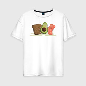 Женская футболка хлопок Oversize с принтом Бутерброд из авокадо в Екатеринбурге, 100% хлопок | свободный крой, круглый ворот, спущенный рукав, длина до линии бедер
 | avocado | авокадо | веганство | вегетарианство | еда | зеленый | земля | зож | листья | овощи | позиция | природа | фрукты