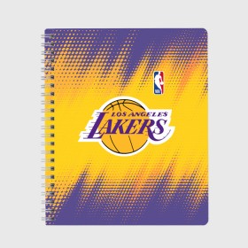 Тетрадь с принтом Los Angeles Lakers в Екатеринбурге, 100% бумага | 48 листов, плотность листов — 60 г/м2, плотность картонной обложки — 250 г/м2. Листы скреплены сбоку удобной пружинной спиралью. Уголки страниц и обложки скругленные. Цвет линий — светло-серый
 | Тематика изображения на принте: basketball | game | lakers | los angeles | los angeles lakers | nba | sport | баскетбол | игра | лейкерс | лос анджелес | лос анджелес лейкерс | нба | спорт