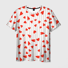 Мужская футболка 3D с принтом Просто сердечки в Екатеринбурге, 100% полиэфир | прямой крой, круглый вырез горловины, длина до линии бедер | heart | hearts | lines | red | в | забавные | красные | линии | любовь | полоску | полосы | прикольные | рисунки | сердечки | сердце