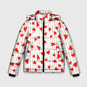 Зимняя куртка для мальчиков 3D с принтом Просто сердечки в Екатеринбурге, ткань верха — 100% полиэстер; подклад — 100% полиэстер, утеплитель — 100% полиэстер | длина ниже бедра, удлиненная спинка, воротник стойка и отстегивающийся капюшон. Есть боковые карманы с листочкой на кнопках, утяжки по низу изделия и внутренний карман на молнии. 

Предусмотрены светоотражающий принт на спинке, радужный светоотражающий элемент на пуллере молнии и на резинке для утяжки | Тематика изображения на принте: heart | hearts | lines | red | в | забавные | красные | линии | любовь | полоску | полосы | прикольные | рисунки | сердечки | сердце