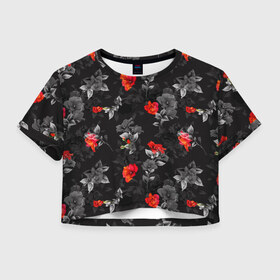Женская футболка Crop-top 3D с принтом Красные цветы в Екатеринбурге, 100% полиэстер | круглая горловина, длина футболки до линии талии, рукава с отворотами | весна | дача | летние цветы | летняя | лето | паттерн | розы | сад | свежесть | текстуры | узор | цветы