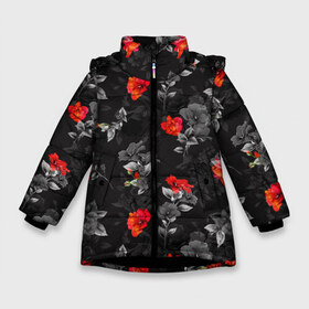 Зимняя куртка для девочек 3D с принтом Красные цветы в Екатеринбурге, ткань верха — 100% полиэстер; подклад — 100% полиэстер, утеплитель — 100% полиэстер. | длина ниже бедра, удлиненная спинка, воротник стойка и отстегивающийся капюшон. Есть боковые карманы с листочкой на кнопках, утяжки по низу изделия и внутренний карман на молнии. 

Предусмотрены светоотражающий принт на спинке, радужный светоотражающий элемент на пуллере молнии и на резинке для утяжки. | Тематика изображения на принте: весна | дача | летние цветы | летняя | лето | паттерн | розы | сад | свежесть | текстуры | узор | цветы