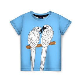 Детская футболка 3D с принтом Белые попугаи в Екатеринбурге, 100% гипоаллергенный полиэфир | прямой крой, круглый вырез горловины, длина до линии бедер, чуть спущенное плечо, ткань немного тянется | bird | parrot | tropical | wings | азия | ара | джунгли | дикие | животные | клюв | крылья | латинская | летние | лето | небесный | острова | отдых | пальмы | перья | попугаи | попугай | птица | птичка | райские | тропики