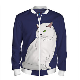 Мужской бомбер 3D с принтом Белый британский котик в Екатеринбурге, 100% полиэстер | застегивается на молнию, по бокам два кармана без застежек, по низу бомбера и на воротнике - эластичная резинка | Тематика изображения на принте: cat | cute | kitten | meow | британец | британский | взгляд | друзья | животные | зверек | зверюшки | каваи | киска | котенок | котик | коты | котята | кошак | кошечки | кошки | лапы | милые | мордочка | мяу | няшные