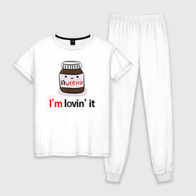 Женская пижама хлопок с принтом Nutella в Екатеринбурге, 100% хлопок | брюки и футболка прямого кроя, без карманов, на брюках мягкая резинка на поясе и по низу штанин | nutella | вкусно | вкусняшка | любовь | нутелла | нутэлла | сладкое