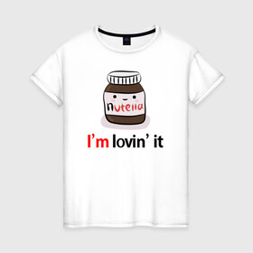 Женская футболка хлопок с принтом Nutella в Екатеринбурге, 100% хлопок | прямой крой, круглый вырез горловины, длина до линии бедер, слегка спущенное плечо | nutella | вкусно | вкусняшка | любовь | нутелла | нутэлла | сладкое