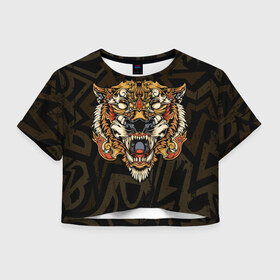 Женская футболка Crop-top 3D с принтом Тигровый стимпанк (Tiger) в Екатеринбурге, 100% полиэстер | круглая горловина, длина футболки до линии талии, рукава с отворотами | барс | волк | детёныш | джунгли | енот | животное | злость | зубр | клыки | кот | лев | леопард | лес | листья | львица | медведь | монстр | оскал | охотник | пасть | полосы | пятнистая | рык | рычание | тигр