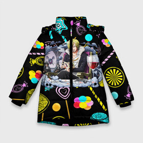 Зимняя куртка для девочек 3D с принтом Ван Пис Санджи в Екатеринбурге, ткань верха — 100% полиэстер; подклад — 100% полиэстер, утеплитель — 100% полиэстер. | длина ниже бедра, удлиненная спинка, воротник стойка и отстегивающийся капюшон. Есть боковые карманы с листочкой на кнопках, утяжки по низу изделия и внутренний карман на молнии. 

Предусмотрены светоотражающий принт на спинке, радужный светоотражающий элемент на пуллере молнии и на резинке для утяжки. | brook | chopper | kid | lo | luffy | monkey | nami | one piece | pirates | robin | sanji | usopp | zoro | белоус | брук | ван пис | джимбей | зоро | йонко | кайдо | кид | ло | луффи | мугивара | мугивары | нами | пираты | робин | роджер | сандж