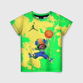 Детская футболка 3D с принтом Brawl STARS (Jordan) в Екатеринбурге, 100% гипоаллергенный полиэфир | прямой крой, круглый вырез горловины, длина до линии бедер, чуть спущенное плечо, ткань немного тянется | Тематика изображения на принте: air jordan | brawl | leon | moba | stars | supercell | баскетбол | игра | коллаборация | коллаж | паттерн