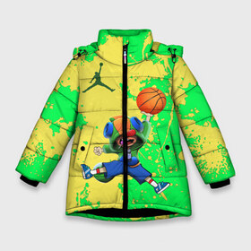 Зимняя куртка для девочек 3D с принтом Brawl STARS (Jordan) в Екатеринбурге, ткань верха — 100% полиэстер; подклад — 100% полиэстер, утеплитель — 100% полиэстер. | длина ниже бедра, удлиненная спинка, воротник стойка и отстегивающийся капюшон. Есть боковые карманы с листочкой на кнопках, утяжки по низу изделия и внутренний карман на молнии. 

Предусмотрены светоотражающий принт на спинке, радужный светоотражающий элемент на пуллере молнии и на резинке для утяжки. | Тематика изображения на принте: air jordan | brawl | leon | moba | stars | supercell | баскетбол | игра | коллаборация | коллаж | паттерн