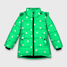 Зимняя куртка для девочек 3D с принтом Горошек на зеленом в Екатеринбурге, ткань верха — 100% полиэстер; подклад — 100% полиэстер, утеплитель — 100% полиэстер. | длина ниже бедра, удлиненная спинка, воротник стойка и отстегивающийся капюшон. Есть боковые карманы с листочкой на кнопках, утяжки по низу изделия и внутренний карман на молнии. 

Предусмотрены светоотражающий принт на спинке, радужный светоотражающий элемент на пуллере молнии и на резинке для утяжки. | Тематика изображения на принте: baby | casual | girl | green | pattern | геометрия | горох | горошек | девушкам | детские | зелень | круги | круглый | кружочки | летние | лето | листья | многоточие | мятный | нежные | орнамент | пастельные | паттерн