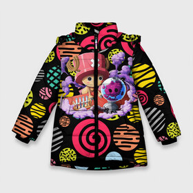 Зимняя куртка для девочек 3D с принтом Ван Пис Чоппер в Екатеринбурге, ткань верха — 100% полиэстер; подклад — 100% полиэстер, утеплитель — 100% полиэстер. | длина ниже бедра, удлиненная спинка, воротник стойка и отстегивающийся капюшон. Есть боковые карманы с листочкой на кнопках, утяжки по низу изделия и внутренний карман на молнии. 

Предусмотрены светоотражающий принт на спинке, радужный светоотражающий элемент на пуллере молнии и на резинке для утяжки. | brook | chopper | kid | lo | luffy | monkey | nami | one piece | pirates | robin | sanji | usopp | zoro | белоус | брук | ван пис | джимбей | зоро | йонко | кайдо | кид | ло | луффи | мугивара | мугивары | нами | пираты | робин | роджер | сандж