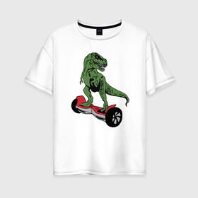 Женская футболка хлопок Oversize с принтом Динозавр на гироскутере в Екатеринбурге, 100% хлопок | свободный крой, круглый ворот, спущенный рукав, длина до линии бедер
 | electric | scooter | гироскутер | детские | дикие | динозавр | динозаврик | зверь | колеса | крутые | летний | лето | молодежь | пацанские | подростковые | популярные | самокат | скейт | скутер | транспорт