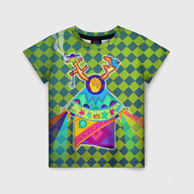 Детская футболка 3D с принтом Шаман в Екатеринбурге, 100% гипоаллергенный полиэфир | прямой крой, круглый вырез горловины, длина до линии бедер, чуть спущенное плечо, ткань немного тянется | индеец | пончо | ритуал | спираль | шаман