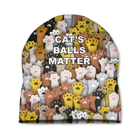 Шапка 3D с принтом Cats Balls Matter в Екатеринбурге, 100% полиэстер | универсальный размер, печать по всей поверхности изделия | Тематика изображения на принте: black lives matter | blm | жизни черных | кот | котии | кошка | лапки | паттерн | протест | толпа | яйца