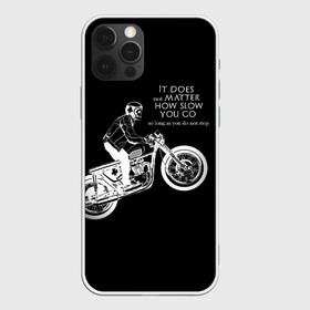 Чехол для iPhone 12 Pro с принтом Байкер в Екатеринбурге, силикон | область печати: задняя сторона чехла, без боковых панелей | байк | байкер | гонщик | мотоцикл | мужская | надпись | черно белая | черный