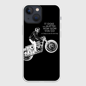 Чехол для iPhone 13 mini с принтом Байкер в Екатеринбурге,  |  | байк | байкер | гонщик | мотоцикл | мужская | надпись | черно белая | черный