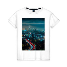 Женская футболка хлопок с принтом Ночной мегаполис в Екатеринбурге, 100% хлопок | прямой крой, круглый вырез горловины, длина до линии бедер, слегка спущенное плечо | город | небо. мегаполис | неон | ночь | огни