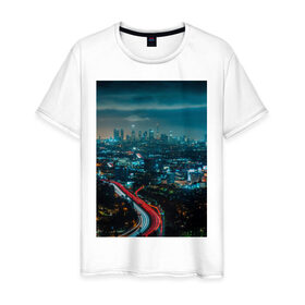 Мужская футболка хлопок с принтом Ночной мегаполис в Екатеринбурге, 100% хлопок | прямой крой, круглый вырез горловины, длина до линии бедер, слегка спущенное плечо. | город | небо. мегаполис | неон | ночь | огни
