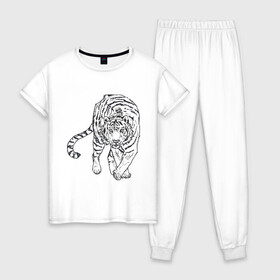 Женская пижама хлопок с принтом Тигр в Екатеринбурге, 100% хлопок | брюки и футболка прямого кроя, без карманов, на брюках мягкая резинка на поясе и по низу штанин | белый тигр | бенгальский тигр | большие кошки | дикие кошки | крупные кошки | тигр