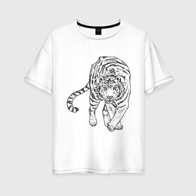 Женская футболка хлопок Oversize с принтом Тигр в Екатеринбурге, 100% хлопок | свободный крой, круглый ворот, спущенный рукав, длина до линии бедер
 | белый тигр | бенгальский тигр | большие кошки | дикие кошки | крупные кошки | тигр