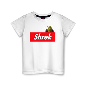Детская футболка хлопок с принтом Shrek в Екатеринбурге, 100% хлопок | круглый вырез горловины, полуприлегающий силуэт, длина до линии бедер | Тематика изображения на принте: shrek | shrek is life | мемы | огр кек | суприм | суприм лого | шрек
