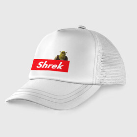 Детская кепка тракер с принтом Shrek в Екатеринбурге, Козырек - 100% хлопок. Кепка - 100% полиэстер, Задняя часть - сетка | универсальный размер, пластиковая застёжка | shrek | shrek is life | мемы | огр кек | суприм | суприм лого | шрек