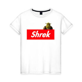 Женская футболка хлопок с принтом Shrek в Екатеринбурге, 100% хлопок | прямой крой, круглый вырез горловины, длина до линии бедер, слегка спущенное плечо | shrek | shrek is life | мемы | огр кек | суприм | суприм лого | шрек