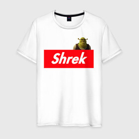 Мужская футболка хлопок с принтом Shrek в Екатеринбурге, 100% хлопок | прямой крой, круглый вырез горловины, длина до линии бедер, слегка спущенное плечо. | shrek | shrek is life | мемы | огр кек | суприм | суприм лого | шрек