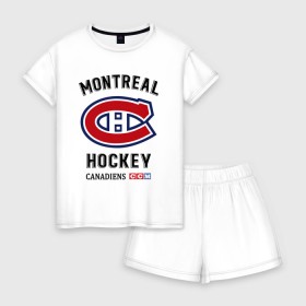 Женская пижама с шортиками хлопок с принтом MONTREAL CANADIENS в Екатеринбурге, 100% хлопок | футболка прямого кроя, шорты свободные с широкой мягкой резинкой | canadiens | hockey | montreal | nhl | sport | usa | канада | клюшки | монреаль | нхл | спорт | хоккей | шайбу