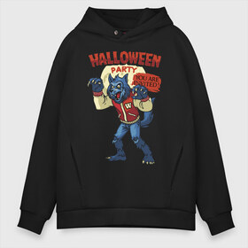 Мужское худи Oversize хлопок с принтом Halloween party в Екатеринбурге, френч-терри — 70% хлопок, 30% полиэстер. Мягкий теплый начес внутри —100% хлопок | боковые карманы, эластичные манжеты и нижняя кромка, капюшон на магнитной кнопке | claws | ears | fangs | grin | halloween | jaw | paws | tail | wolf | волк | клыки | когти | лапы | уши | хвост | хэллоуин