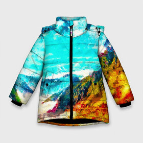 Зимняя куртка для девочек 3D с принтом Японские горы в Екатеринбурге, ткань верха — 100% полиэстер; подклад — 100% полиэстер, утеплитель — 100% полиэстер. | длина ниже бедра, удлиненная спинка, воротник стойка и отстегивающийся капюшон. Есть боковые карманы с листочкой на кнопках, утяжки по низу изделия и внутренний карман на молнии. 

Предусмотрены светоотражающий принт на спинке, радужный светоотражающий элемент на пуллере молнии и на резинке для утяжки. | Тематика изображения на принте: art | japan | summer | азия | акварель | восток | восход | горы | деревья | искусство | картина | краски | красочный | лес | летние | лето | мазки | небесный | облака | пейзаж | природа | разноцветные | рассвет