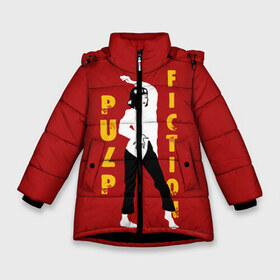 Зимняя куртка для девочек 3D с принтом Pulp Fiction в Екатеринбурге, ткань верха — 100% полиэстер; подклад — 100% полиэстер, утеплитель — 100% полиэстер. | длина ниже бедра, удлиненная спинка, воротник стойка и отстегивающийся капюшон. Есть боковые карманы с листочкой на кнопках, утяжки по низу изделия и внутренний карман на молнии. 

Предусмотрены светоотражающий принт на спинке, радужный светоотражающий элемент на пуллере молнии и на резинке для утяжки. | актеры | бандиты | боевик | бульварное | винсент | герои | девяностые | джулс | знаменитости | кинофильм | комедия | криминал | криминальное | лихие | логотип | миа | персонажи | преступники | ретро