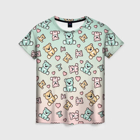 Женская футболка 3D с принтом МИШКИ в Екатеринбурге, 100% полиэфир ( синтетическое хлопкоподобное полотно) | прямой крой, круглый вырез горловины, длина до линии бедер | девушкам | детская | детям | женская | животные | медведи | медведь | медвежата | медвежатки | милота | милый | мишка | мишки | паттерн | сердечко | сердце