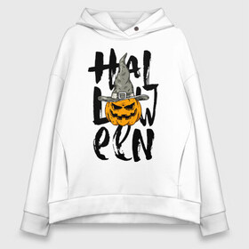 Женское худи Oversize хлопок с принтом Halloween в Екатеринбурге, френч-терри — 70% хлопок, 30% полиэстер. Мягкий теплый начес внутри —100% хлопок | боковые карманы, эластичные манжеты и нижняя кромка, капюшон на магнитной кнопке | eyes | halloween | hat | jaw | pumpkin | smile | глаза | пасть | тыква | улыбка | хэллоуин | шляпа