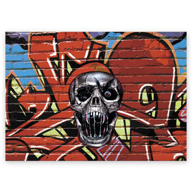 Поздравительная открытка с принтом Horror в Екатеринбурге, 100% бумага | плотность бумаги 280 г/м2, матовая, на обратной стороне линовка и место для марки
 | bat | eye | fangs | fear | graffiti | grin | halloween | horror | jaw | saliva | skull | teeth | wall | глаз | граффити | зубы | клыки | летучая мышь | оскал | пасть | слюна | стена | ужас | хэллоуин | череп