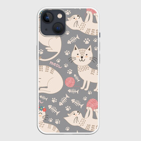 Чехол для iPhone 13 с принтом Милые кошечки в Екатеринбурге,  |  | Тематика изображения на принте: арт | венок | клубок | клубок ниток | клубочек | кот | кошечка | кошка | кошка в венке | кошка играет | лапки | милая кошечка | милая кошка | отпечатки | отпечатки лап | рисунок | рыбка | серая кошка
