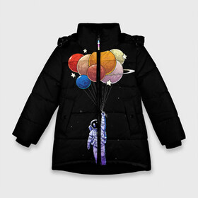 Зимняя куртка для девочек 3D с принтом Космонавт с воздушными шарами в Екатеринбурге, ткань верха — 100% полиэстер; подклад — 100% полиэстер, утеплитель — 100% полиэстер. | длина ниже бедра, удлиненная спинка, воротник стойка и отстегивающийся капюшон. Есть боковые карманы с листочкой на кнопках, утяжки по низу изделия и внутренний карман на молнии. 

Предусмотрены светоотражающий принт на спинке, радужный светоотражающий элемент на пуллере молнии и на резинке для утяжки. | космонавт | космос | невесомость | планеты | шары