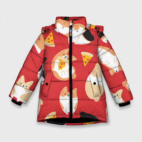 Зимняя куртка для девочек 3D с принтом Корги и пицца в Екатеринбурге, ткань верха — 100% полиэстер; подклад — 100% полиэстер, утеплитель — 100% полиэстер. | длина ниже бедра, удлиненная спинка, воротник стойка и отстегивающийся капюшон. Есть боковые карманы с листочкой на кнопках, утяжки по низу изделия и внутренний карман на молнии. 

Предусмотрены светоотражающий принт на спинке, радужный светоотражающий элемент на пуллере молнии и на резинке для утяжки. | арт | валяния | игра | корги | пицца | рисунок | рыжий | собака | собаки | спина | чёрный