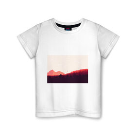 Детская футболка хлопок с принтом Пейзаж №1 в Екатеринбурге, 100% хлопок | круглый вырез горловины, полуприлегающий силуэт, длина до линии бедер | гора | горы | дерево | деревья | елка | елки | клин | лес | облака | облако | пейзаж | природа | птица | птицы | сосна | сосны
