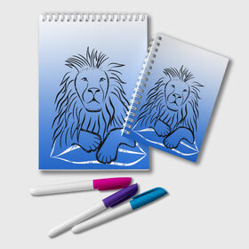 Блокнот с принтом MY KINGDOM в Екатеринбурге, 100% бумага | 48 листов, плотность листов — 60 г/м2, плотность картонной обложки — 250 г/м2. Листы скреплены удобной пружинной спиралью. Цвет линий — светло-серый
 | lion | градиент | контурный рисунок | лев | лев по гороскопу | на синем фоне | подарить льву