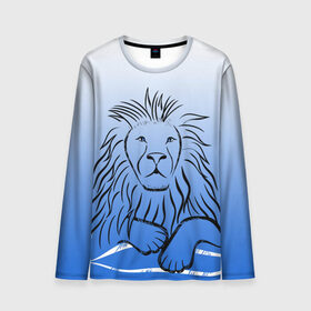 Мужской лонгслив 3D с принтом MY KINGDOM в Екатеринбурге, 100% полиэстер | длинные рукава, круглый вырез горловины, полуприлегающий силуэт | lion | градиент | контурный рисунок | лев | лев по гороскопу | на синем фоне | подарить льву