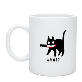Кружка с принтом WHAT & CAT в Екатеринбурге, керамика | объем — 330 мл, диаметр — 80 мм. Принт наносится на бока кружки, можно сделать два разных изображения | Тематика изображения на принте: art | black | black cat | cat | dark | dark cat | what | what cat | what mem | арт | вопрос | интернет мем | кот | кот арт | кот мем | кошачье лицо | кошачья мордочка | мем | нож | прикол | прикольный кот | убица | чёрный | чёрный кот