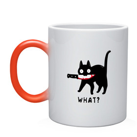 Кружка хамелеон с принтом WHAT & CAT в Екатеринбурге, керамика | меняет цвет при нагревании, емкость 330 мл | Тематика изображения на принте: art | black | black cat | cat | dark | dark cat | what | what cat | what mem | арт | вопрос | интернет мем | кот | кот арт | кот мем | кошачье лицо | кошачья мордочка | мем | нож | прикол | прикольный кот | убица | чёрный | чёрный кот