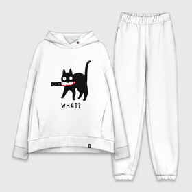 Женский костюм хлопок Oversize с принтом WHAT  CAT в Екатеринбурге,  |  | art | black | black cat | cat | dark | dark cat | what | what cat | what mem | арт | вопрос | интернет мем | кот | кот арт | кот мем | кошачье лицо | кошачья мордочка | мем | нож | прикол | прикольный кот | убица | чёрный | чёрный кот