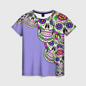 Женская футболка 3D с принтом Calavera 2 в Екатеринбурге, 100% полиэфир ( синтетическое хлопкоподобное полотно) | прямой крой, круглый вырез горловины, длина до линии бедер | color | краски | мексиканский | череп